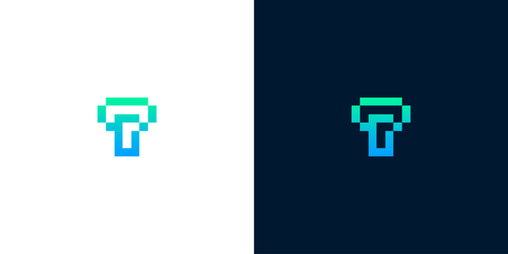 Minimalist pixel art letter T logo with cyan and blue gradient, suitable for tech startups and digital branding identity