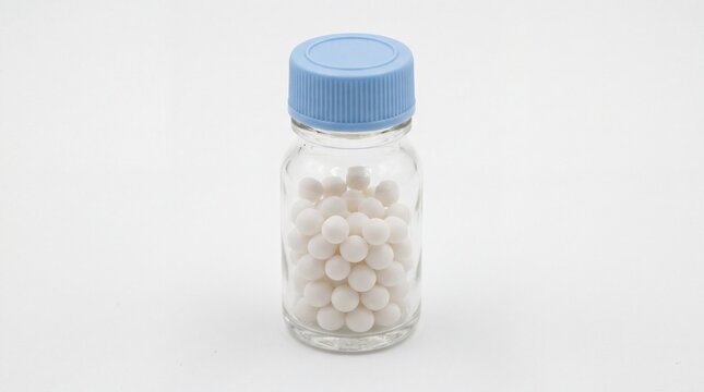 Clear glass vial filled with white medicinal pills and a light blue cap on white background