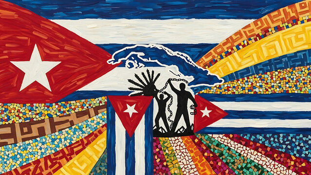 Colorful cuban flag art painting with abstract patterns silhouette figures breaking chains cuba map and historical symbols cuban heritage artwork