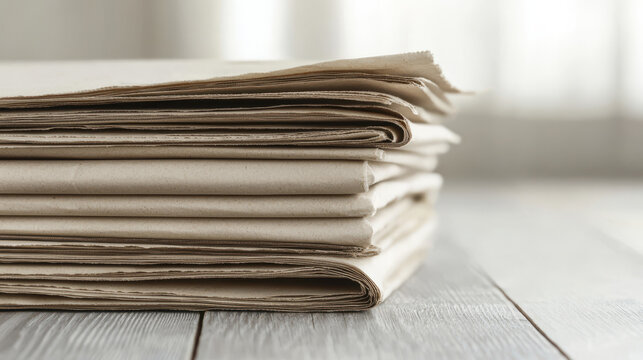 Vintage newspaper stack on wooden surface, showcasing faded pages and textures, evoking nostalgia and history