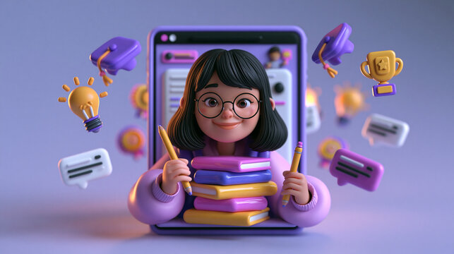 Girl With Stack of Colorful Books Emerging From Phone Screen
