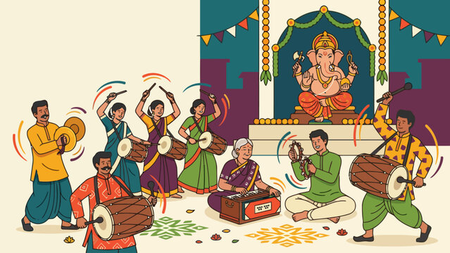 Vibrant cultural celebration during Ganesh Chaturthi with dance and music