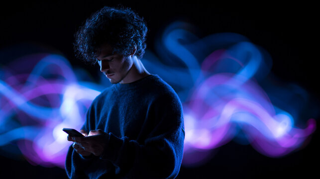 Person Using Smartphone With Digital Technology Effects