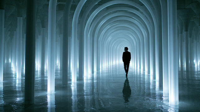Solitary Figure Walking Through Illuminated Futuristic Corridor
