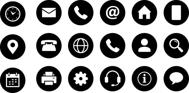 Minimalist contact icons set, 18 black circle web buttons, flat communication symbols for business cards and website UI ,Clean grouped each vector icon.
