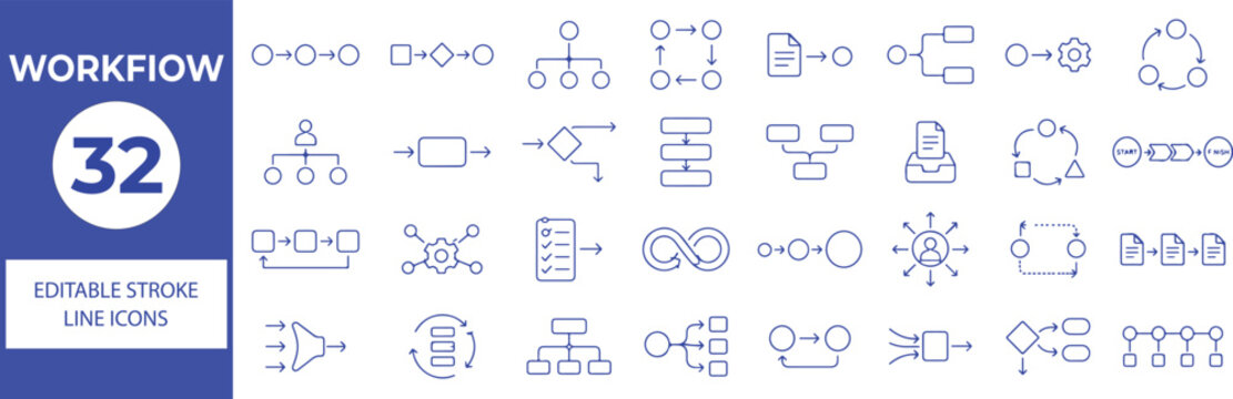 32 Workflow Vector Outline Icons Set,Process, Flowchart, Automation, Task Management, Business Process and Workflow Line Symbols Collection