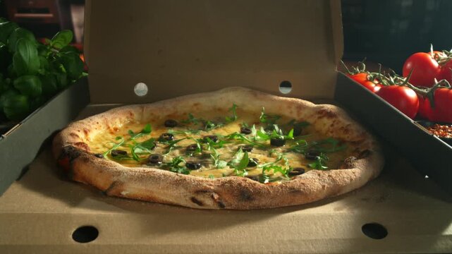 Revealing Fresh Cheese Pizza in Slow Motion, Close Up to Wide Motion Control Shot.