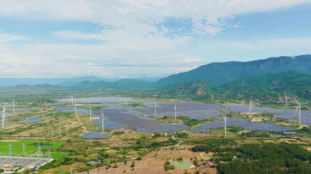 Aerial view of Dam Nai Wind Farm and Solar Farms in Khanh Hoa, Vietnam