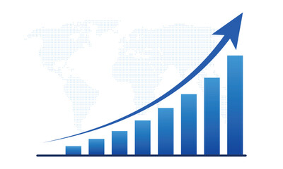 Fototapeta premium Blue Business Growth Bar Chart with Rising Arrow, Financial Performance and Global Market Analytics Illustration