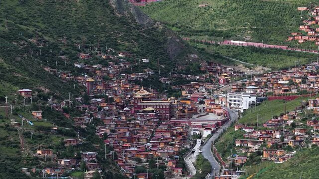 Aerial view of  monastery at Larung gar (Buddhist Academy), Sichuan, China 