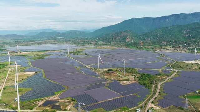 Drone view of Dam Nai Solar Farm and wind turbines in Khanh Hoa, Vietnam