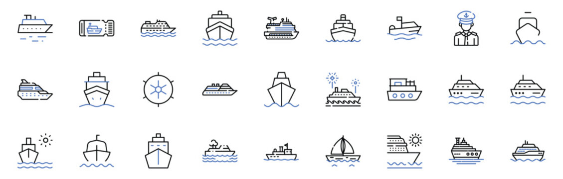 Cruise editable stroke line icons set. cruise ship, ticket, captain, cargo ship and party boat vector illustration