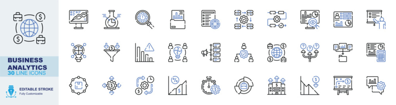 Business analytics editable stroke line icons set. global business, growth chart, data research, target goal and presentation vector illustration