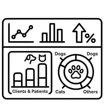 Veterinary business analytics dashboard icon line art vector set for pet clinic growth chart report