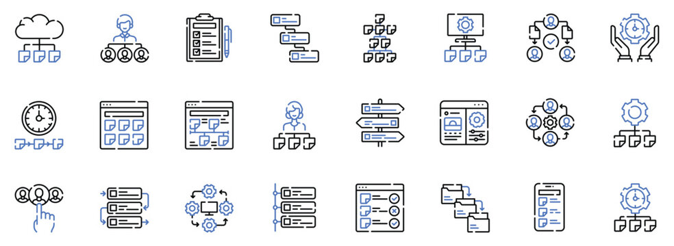Tasking editable stroke line icons set. cloud task, team leader, checklist board, workflow chart and decision tree vector illustration