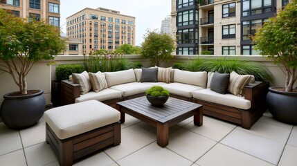 Obraz premium Outdoor rooftop lounge creating urban garden patio space