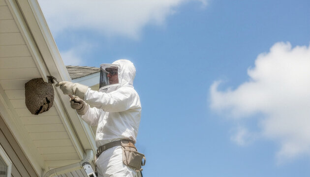 A pest control technician in a white protective suit uses scraper tools to remove a large wasp nest from a residential house roof siding under a blue sky, providing home services.