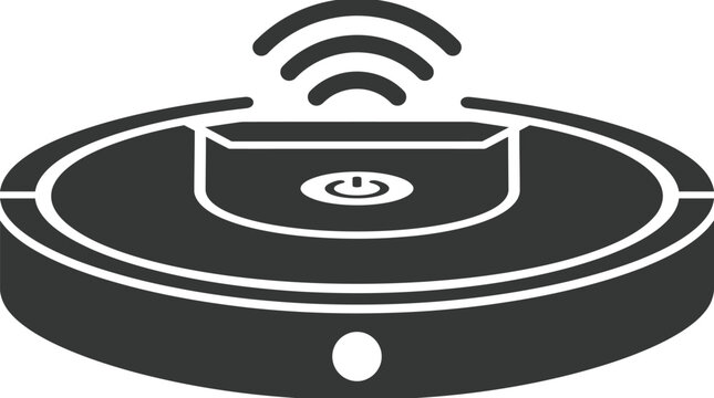 Robotic vacuum cleaner icon featuring a wireless signal symbol and power button in a sleek black and white minimalist style
