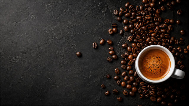 Top view of espresso in white cup with roasted coffee beans on dark stone background