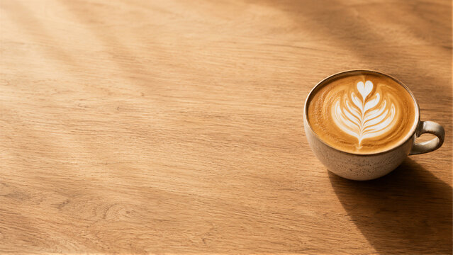 A beautifully crafted latte art coffee in a ceramic cup sits on a warm wooden table bathed in natural sunlight creating inviting shadows