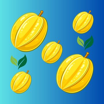 Colorful Cartoon Starfruit Collection with Green Leaves