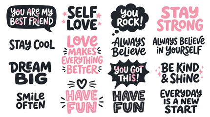 Fototapeta premium Motivational lettering quotes collection featuring cute pink and black hand drawn typography for inspiring creative projects