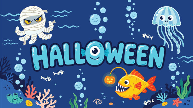 Spooky cartoon mummy octopus and glowing lantern fish characters celebrate Halloween underwater in this vibrant fun digital vector art illustration