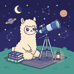 Fototapeta premium Cute cartoon llama looking at the night sky through a telescope.