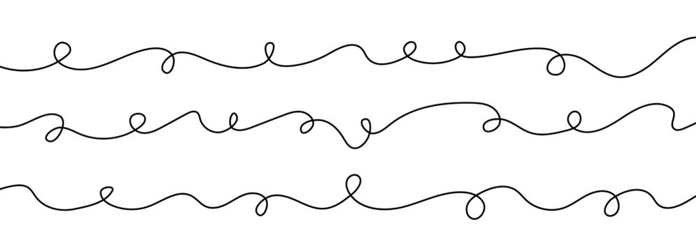 Long curve thin wavy line and curvy squiggle set, with cable abstract drawing vector wire freehand twist for a simple border. Wiggly design swirl decoration hand graphic banner, through.