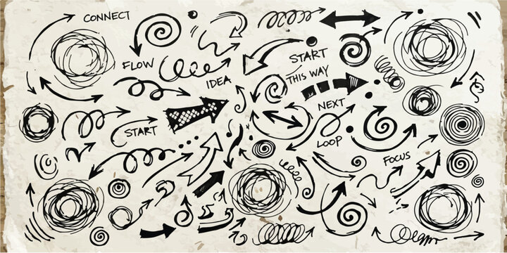 Set of hand written directional arrows and scribbled circular sketches on textured paper with sketches handwritten charcoal elements abstract direction