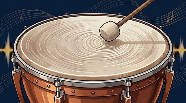 Orchestral timpani drum with mallet and rhythmic sound waves