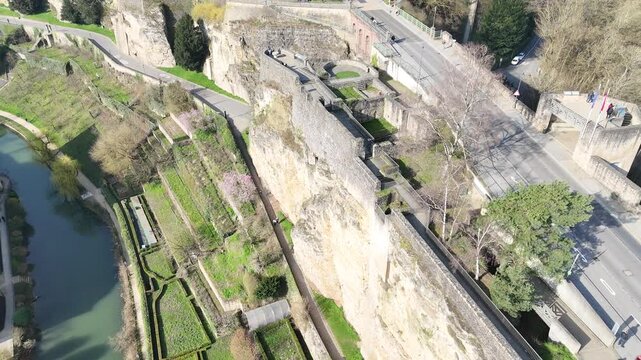 Cinematic drone forward flyover above historic Monument Patrimoine Mondial de l UNESCO Luxembourg