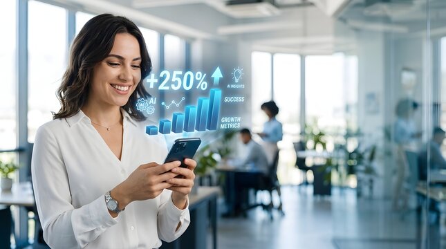Businesswoman smiles while analyzing a holographic bar chart showing a two hundred and fifty percent increase on her smartphone in a busy office.