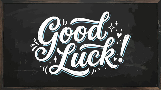 Good luck handwritten chalk lettering typography design featuring elegant white script on a dark rustic surface