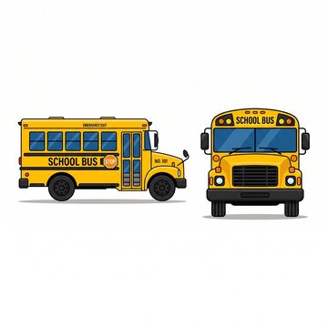 Yellow school bus front and side view set isolated on white background