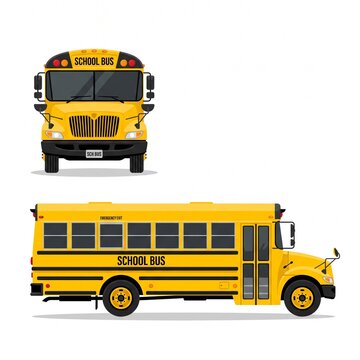 Yellow school bus front view and side view collection vector illustration