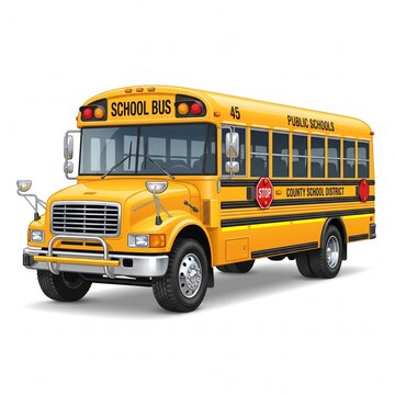 Realistic yellow school bus side perspective view isolated on white background