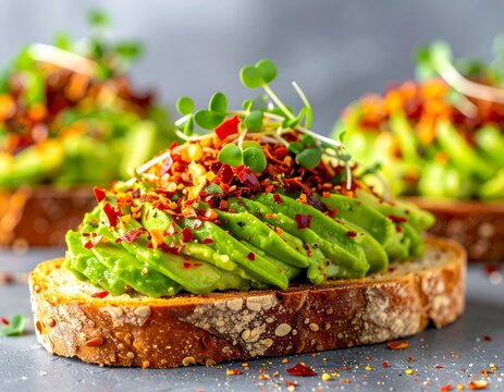 Gourmet toasted sourdough bread slice topped with mashed avocado, chili flakes, and fresh microgreens