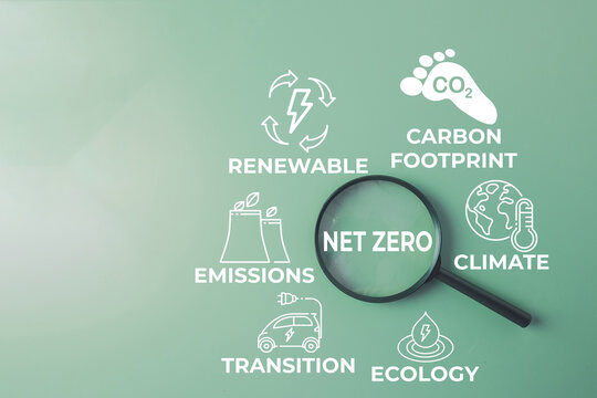 Net zero and sustainability concept. Magnifying glass focusing on NET ZERO text surrounded by carbon footprint, renewable, emissions and climate icons on a green background.