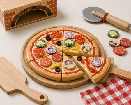 Luxury Wooden Baby Pizza Making Kitchen Toy with Toppings Oven Paddle and Serving Accessories Ultra Realistic 16K