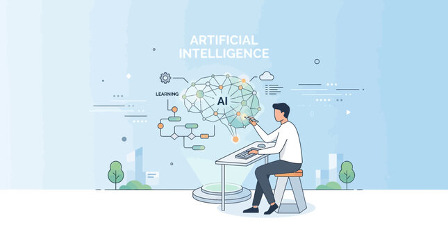 Programmer interacts with an artificial intelligence brain interface to design neural network logic and machine learning models.