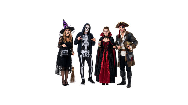 Halloween Friends in Festive Costumes Isolated on White Background