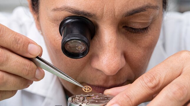 watchmaker woman loupe tweezers gear mechanism repair precision portrait technician Focused artisan installs a golden gear into an open movement for luxury maintenance and horology career campaigns