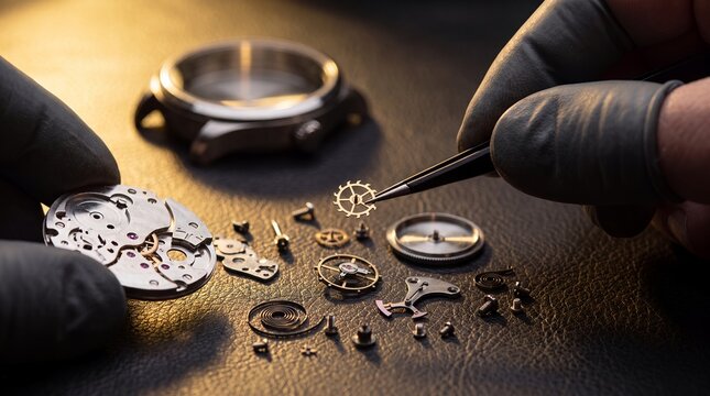 watch repair gloves tweezers gears components disassembled black luxury mechanism Black gloved hands choose a gear among separated wristwatch parts on leather for restoration and horology campaigns
