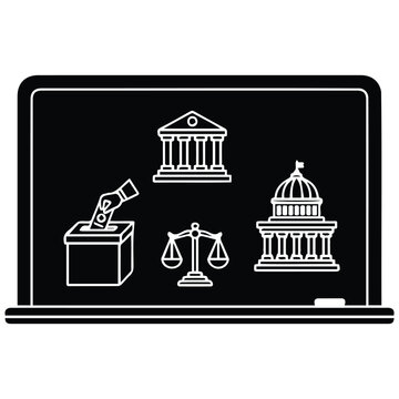 Civic education blackboard vector silhouette featuring voting ballot scales and buildings.