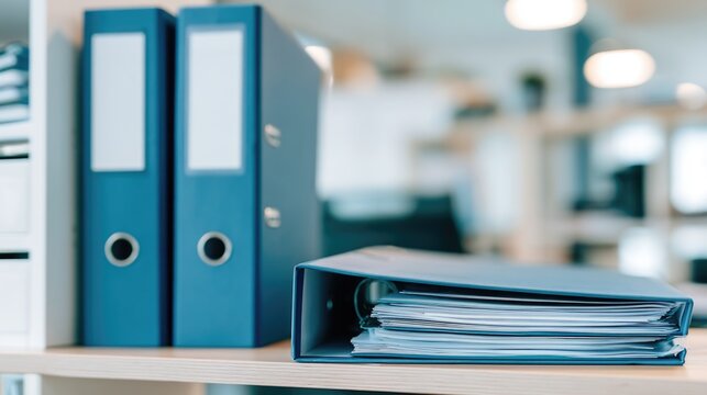 Records management, Office filing system. Ring binders with organized paper documents on office shelves support document storage, administration, compliance and business recordkeeping.