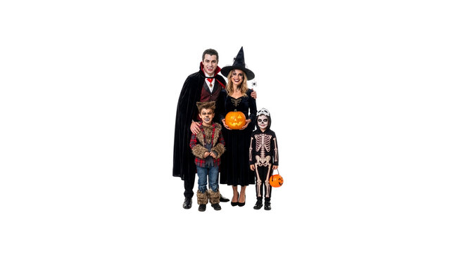 Halloween Family in Festive Costumes Isolated on White Background