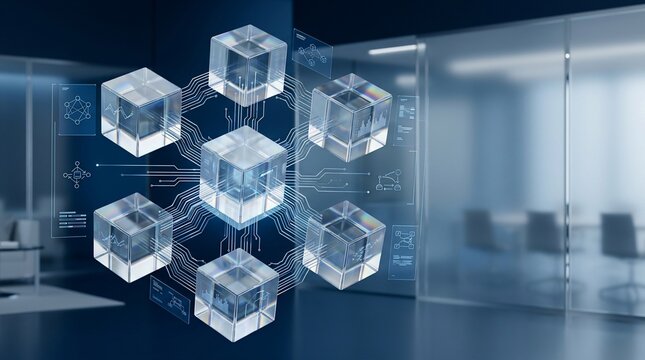 Digital network of interconnected transparent cubes in modern office space