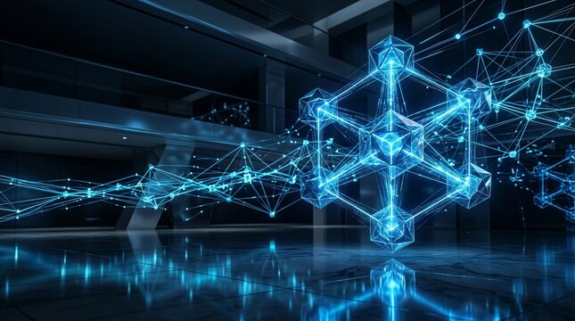 Digital network structure connected data abstract geometry glowing blue lines
