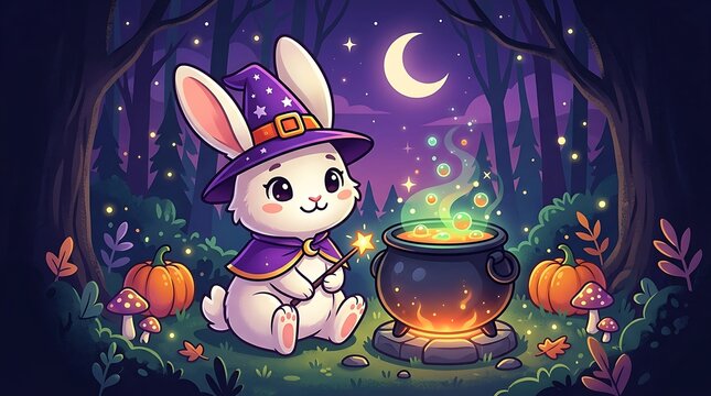 Cute bunny wizard brewing a magic potion in an enchanted forest